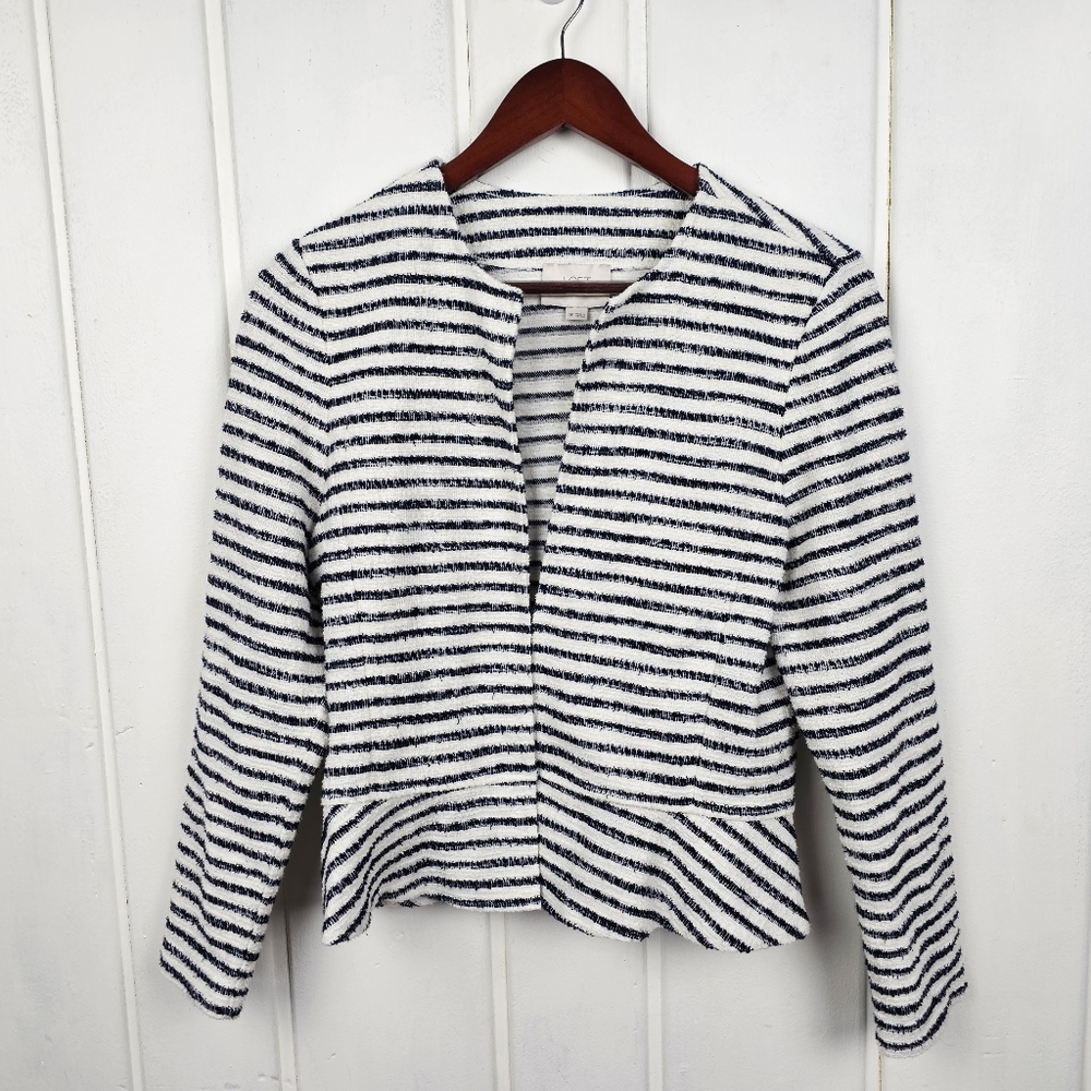 Loft Open Face Blazer Black White Striped Textured Jacket Size Small Petite